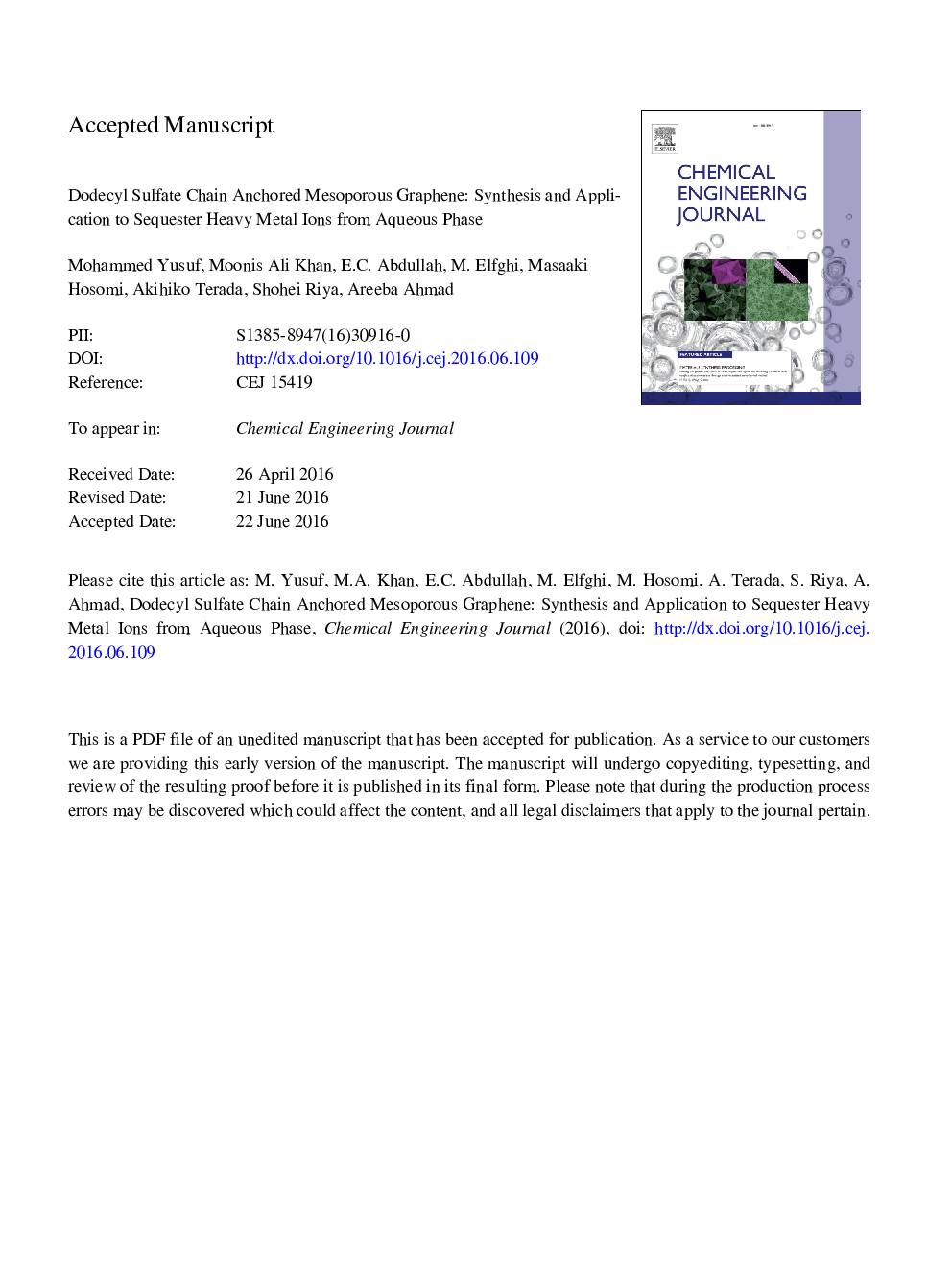 Dodecyl sulfate chain anchored mesoporous graphene: Synthesis and application to sequester heavy metal ions from aqueous phase