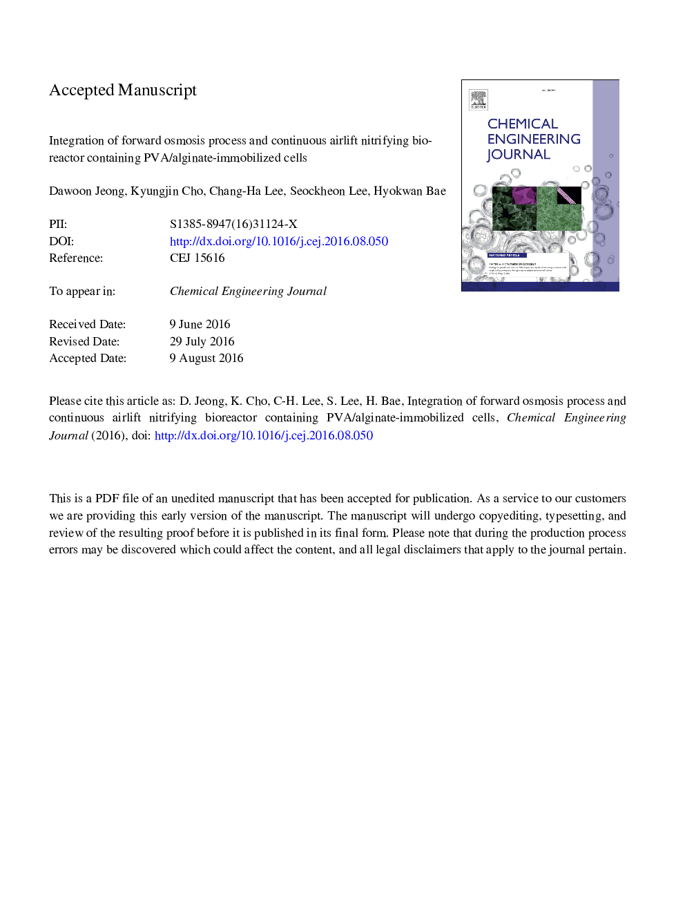 Integration of forward osmosis process and a continuous airlift nitrifying bioreactor containing PVA/alginate-immobilized cells