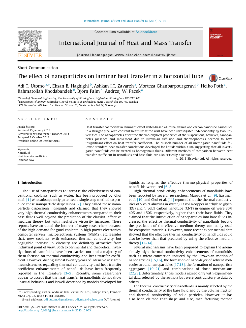 The effect of nanoparticles on laminar heat transfer in a horizontal tube