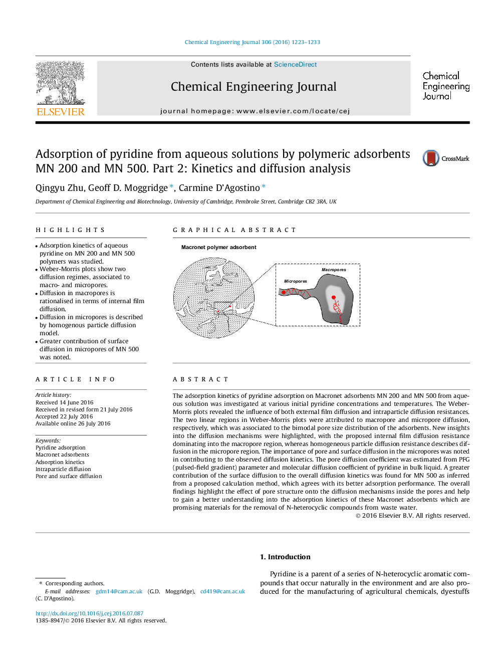 Adsorption of pyridine from aqueous solutions by polymeric adsorbents MN 200 and MN 500. Part 2: Kinetics and diffusion analysis