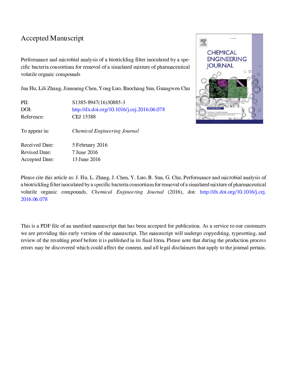 عکس صفحه اول مقاله: Performance and microbial analysis of a biotrickling filter inoculated by a specific bacteria consortium for removal of a simulated mixture of pharmaceutical volatile organic compounds Performance and microbial analysis of a biotrickling filter inoculated by a specific bacteria consortium for removal of a simulated mixture of pharmaceutical volatile organic compounds