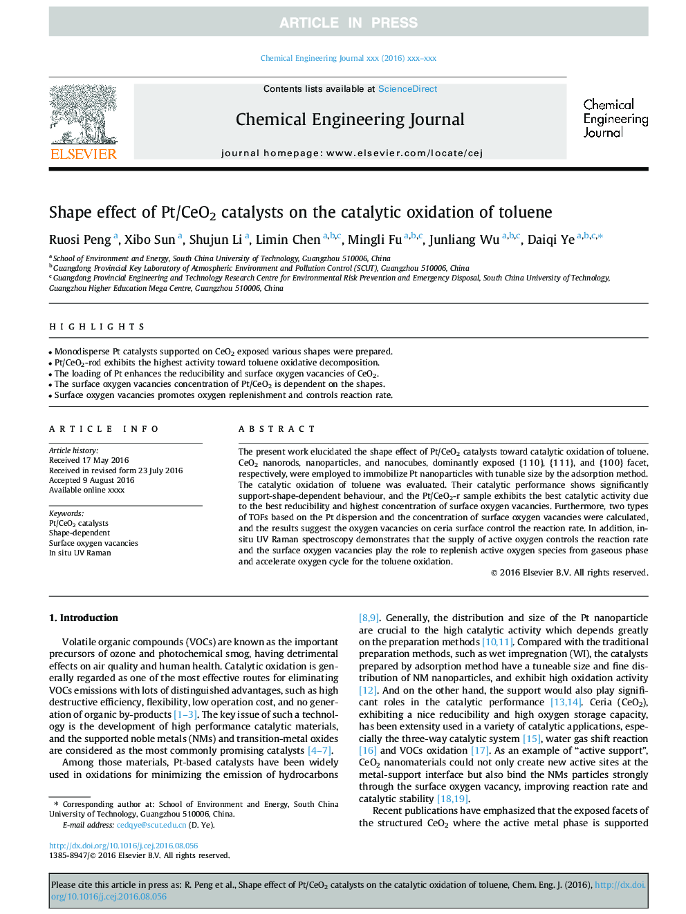 Shape effect of Pt/CeO2 catalysts on the catalytic oxidation of toluene