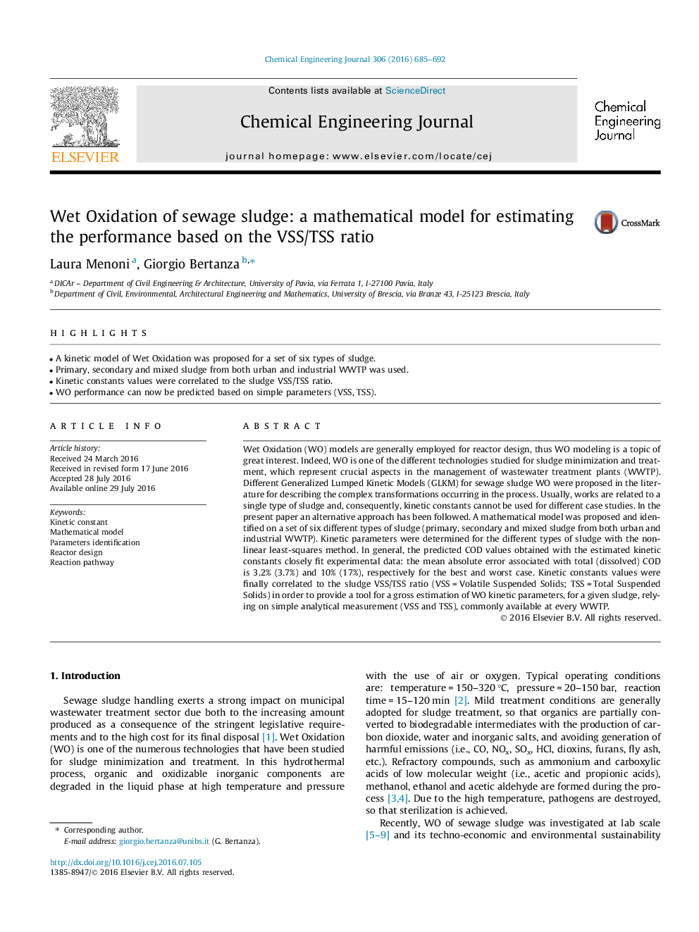 Wet Oxidation of sewage sludge: a mathematical model for estimating the performance based on the VSS/TSS ratio