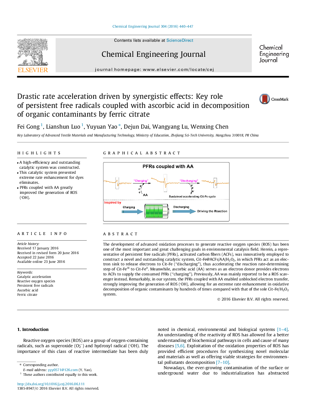 Drastic rate acceleration driven by synergistic effects: Key role of persistent free radicals coupled with ascorbic acid in decomposition of organic contaminants by ferric citrate