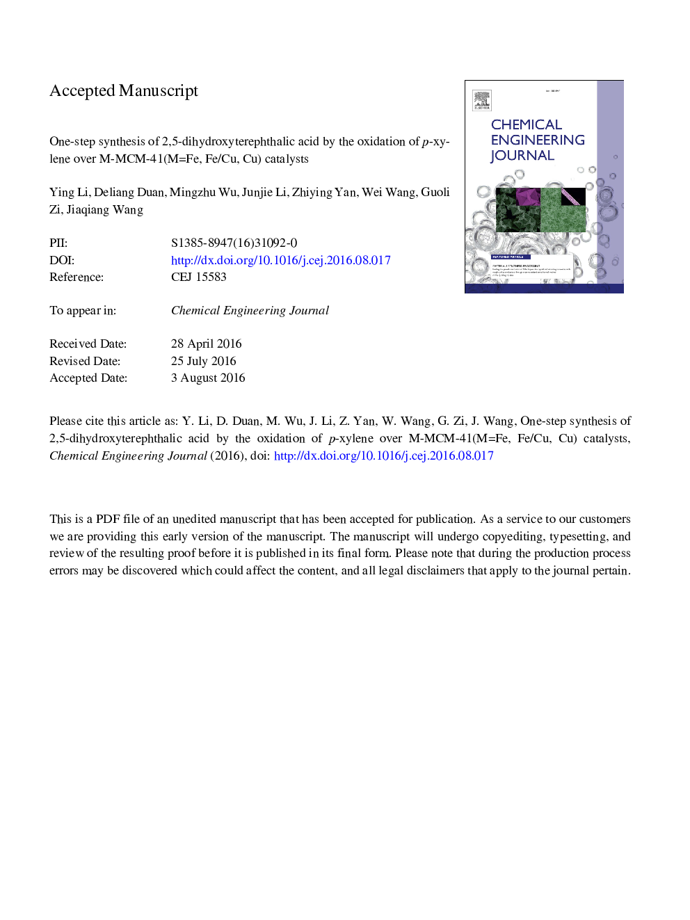 One-step synthesis of 2,5-dihydroxyterephthalic acid by the oxidation of p-xylene over M-MCM-41 (MÂ =Â Fe, Fe/Cu, Cu) catalysts