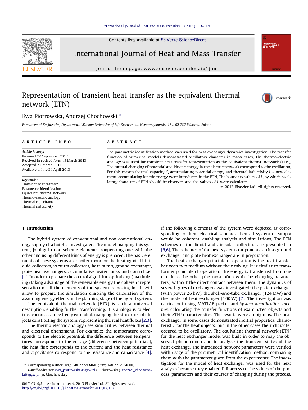Representation of transient heat transfer as the equivalent thermal network (ETN)