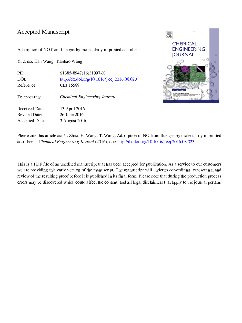 Adsorption of NO from flue gas by molecularly imprinted adsorbents