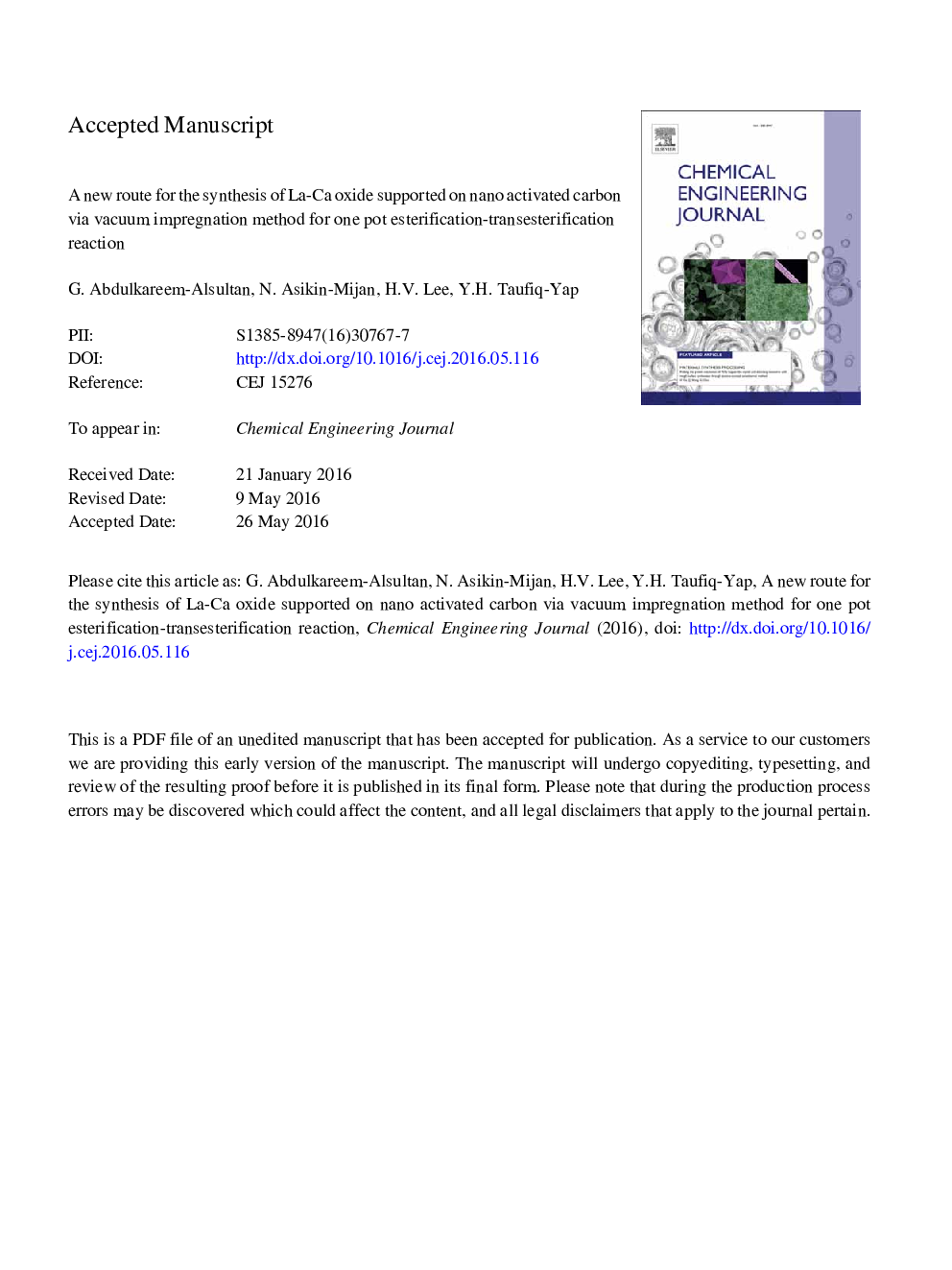 A new route for the synthesis of La-Ca oxide supported on nano activated carbon via vacuum impregnation method for one pot esterification-transesterification reaction