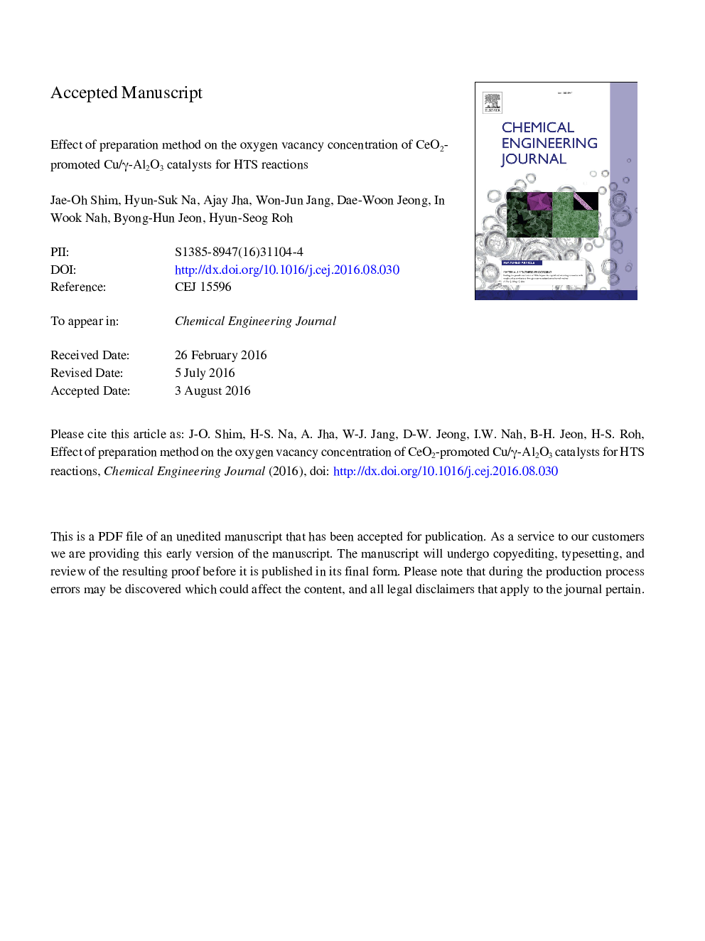 Effect of preparation method on the oxygen vacancy concentration of CeO2-promoted Cu/Î³-Al2O3 catalysts for HTS reactions