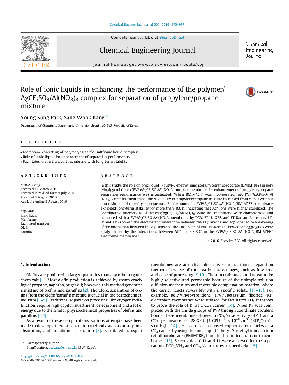 Role of ionic liquids in enhancing the performance of the polymer/AgCF3SO3/Al(NO3)3 complex for separation of propylene/propane mixture