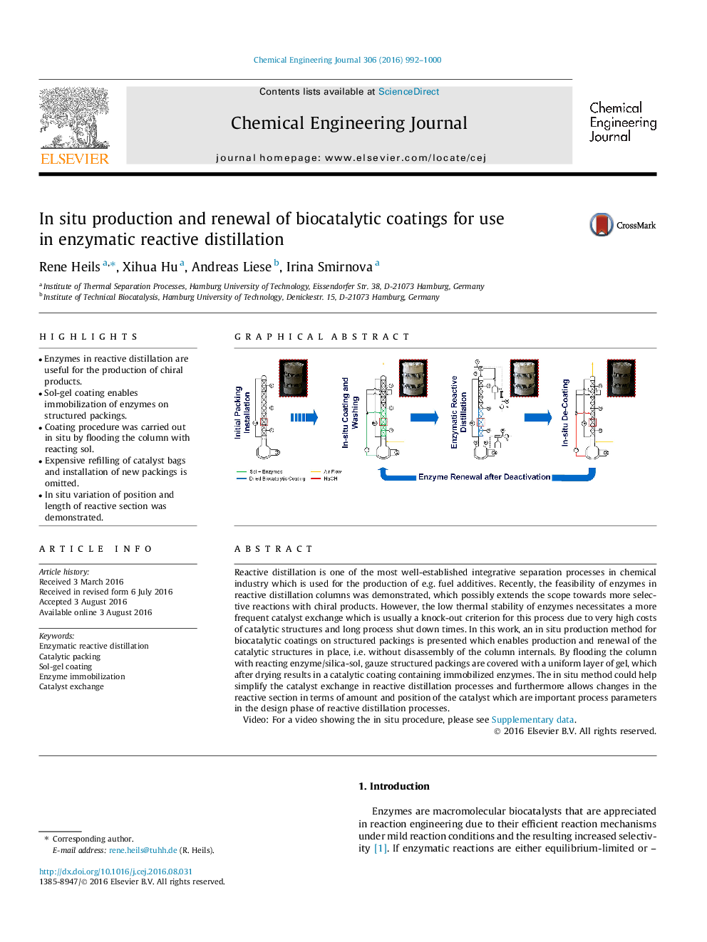 In situ production and renewal of biocatalytic coatings for use in enzymatic reactive distillation