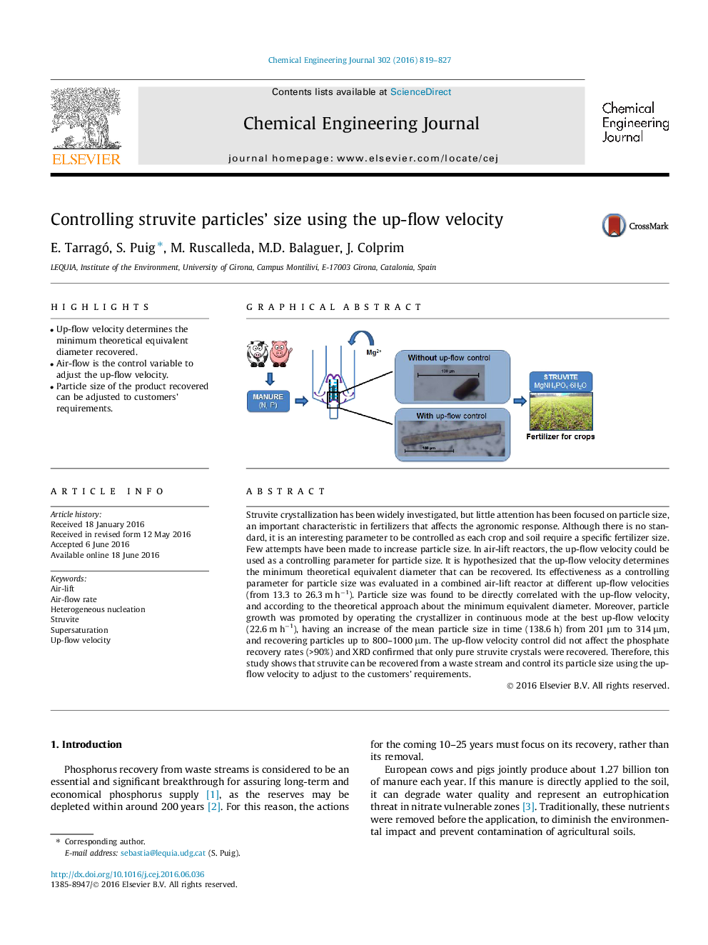 Controlling struvite particles' size using the up-flow velocity