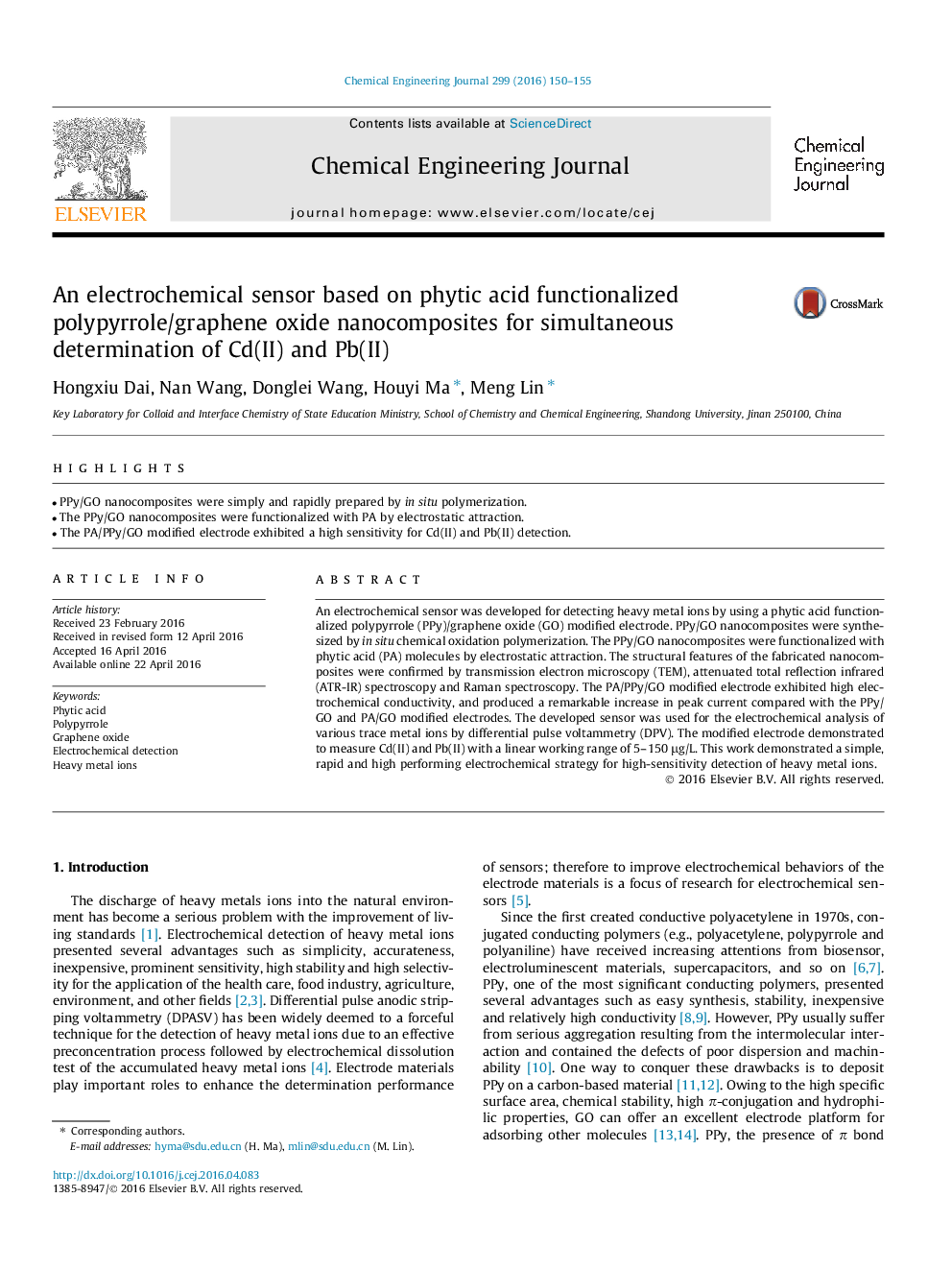 An electrochemical sensor based on phytic acid functionalized polypyrrole/graphene oxide nanocomposites for simultaneous determination of Cd(II) and Pb(II)