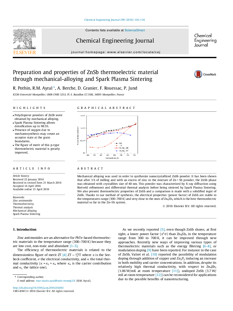 Preparation and properties of ZnSb thermoelectric material through mechanical-alloying and Spark Plasma Sintering