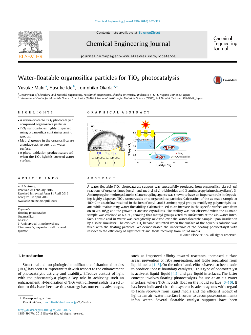 Water-floatable organosilica particles for TiO2 photocatalysis