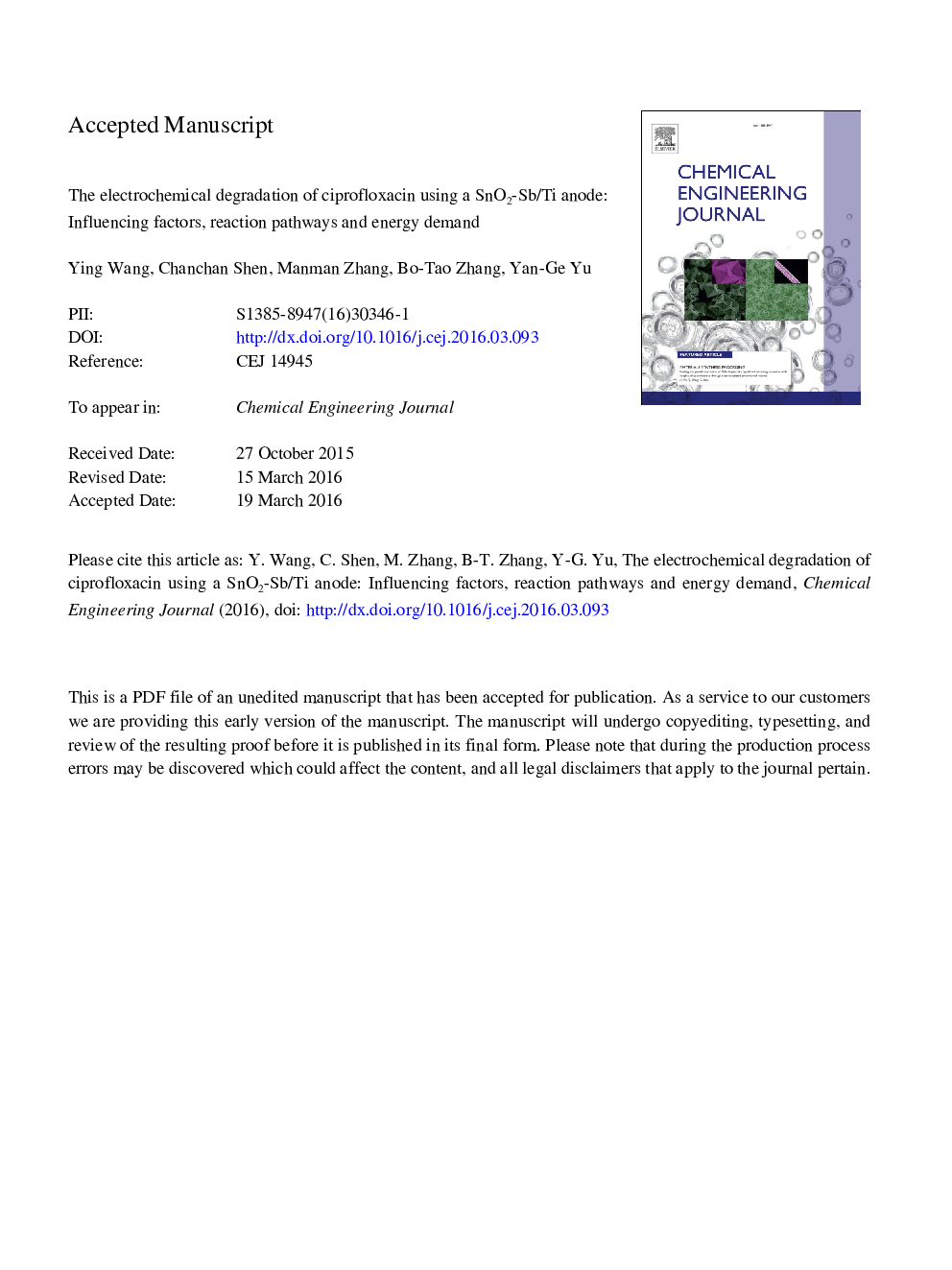 The electrochemical degradation of ciprofloxacin using a SnO2-Sb/Ti anode: Influencing factors, reaction pathways and energy demand