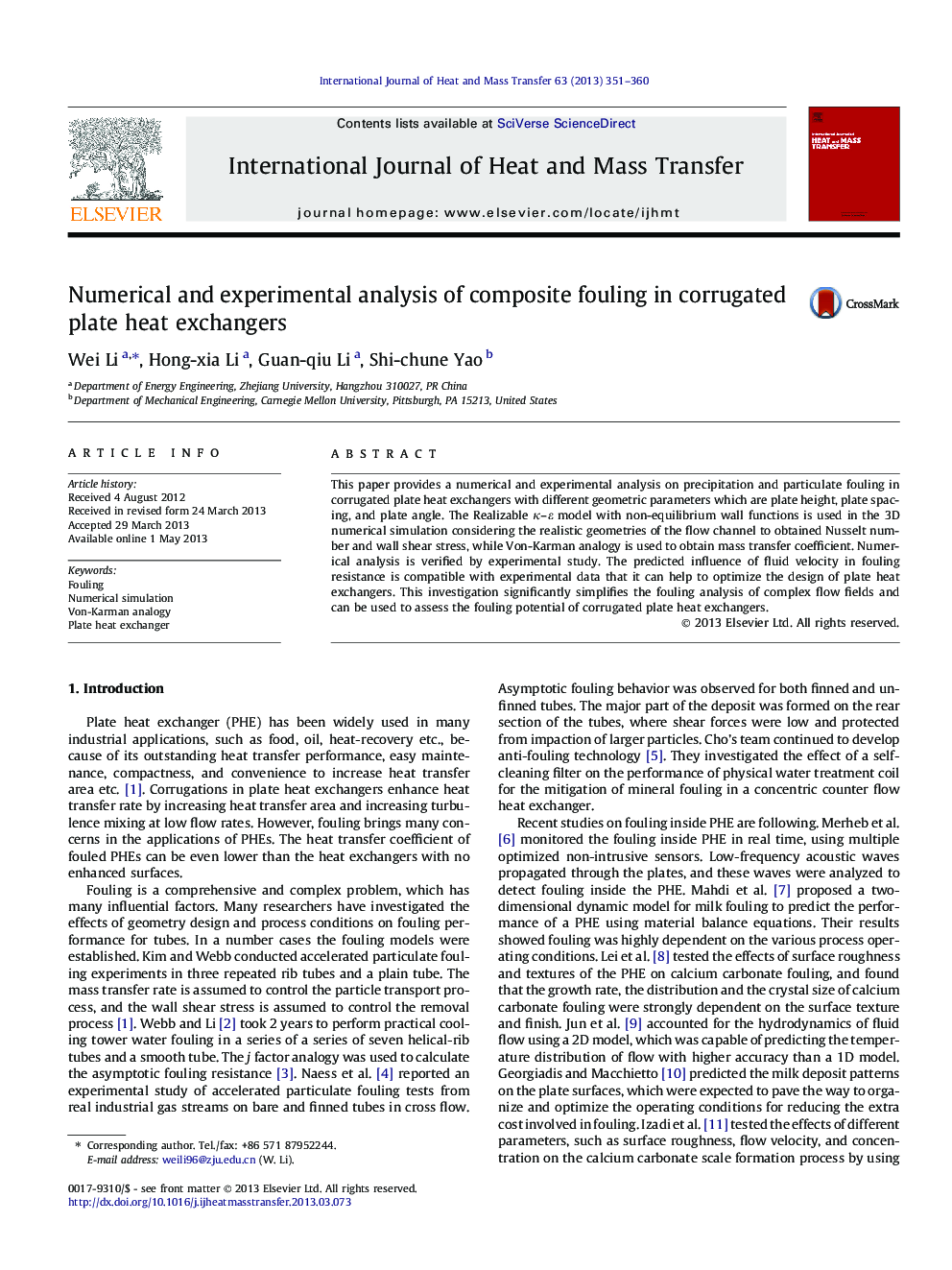 Numerical and experimental analysis of composite fouling in corrugated plate heat exchangers