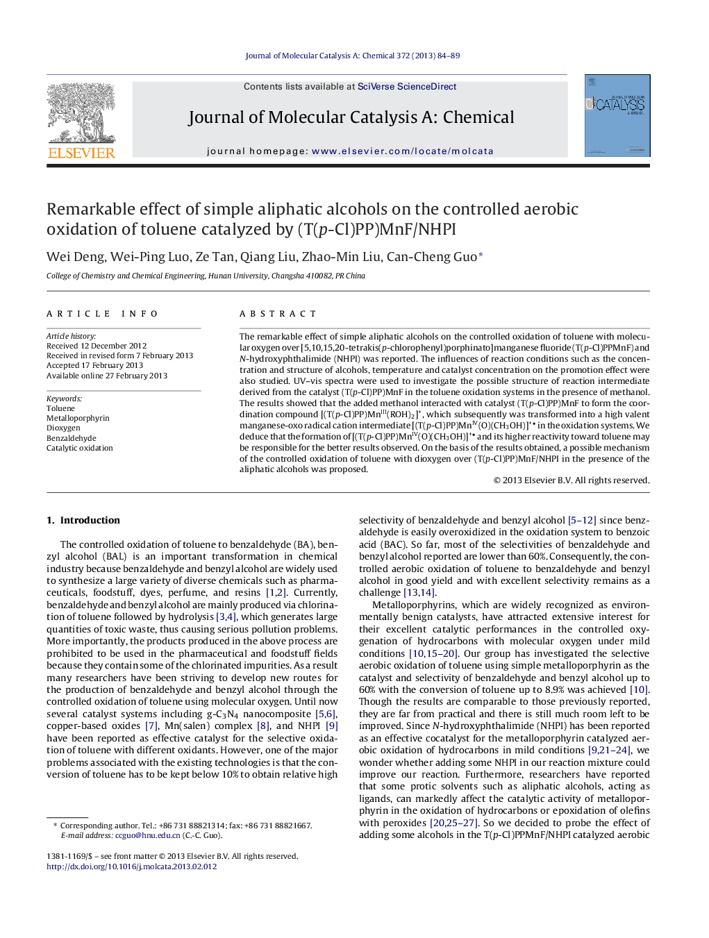 Remarkable effect of simple aliphatic alcohols on the controlled aerobic oxidation of toluene catalyzed by (T(p-Cl)PP)MnF/NHPI