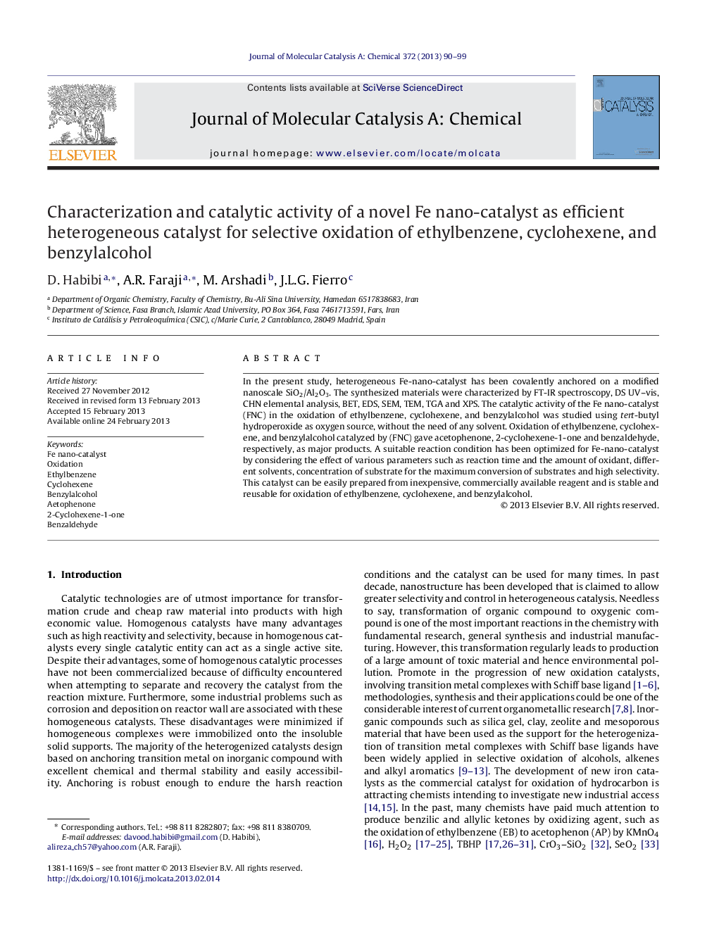 Characterization and catalytic activity of a novel Fe nano-catalyst as efficient heterogeneous catalyst for selective oxidation of ethylbenzene, cyclohexene, and benzylalcohol