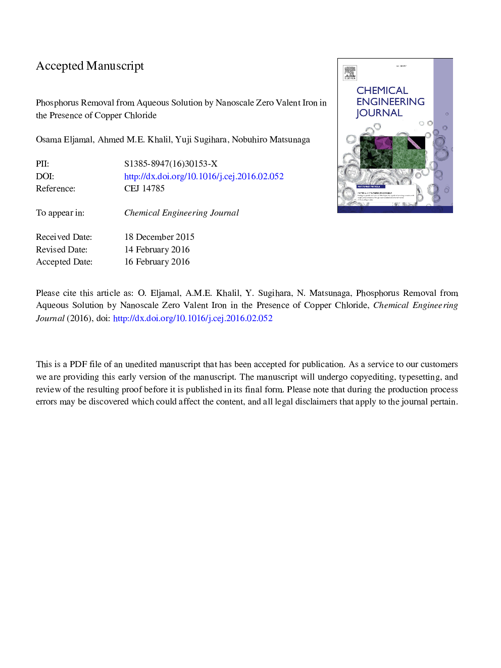 Phosphorus removal from aqueous solution by nanoscale zero valent iron in the presence of copper chloride