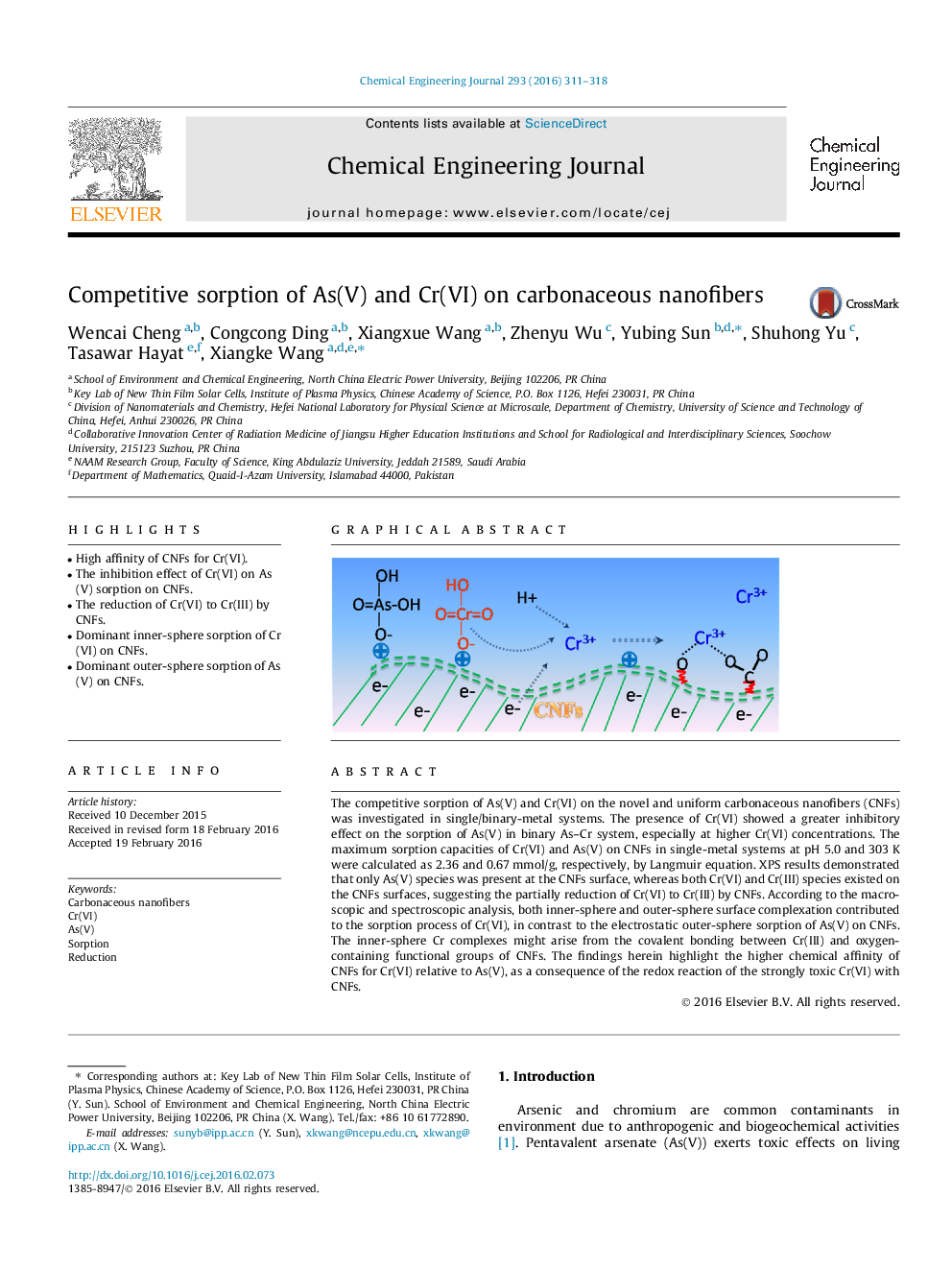 Competitive sorption of As(V) and Cr(VI) on carbonaceous nanofibers