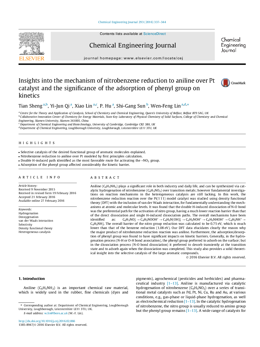 Insights into the mechanism of nitrobenzene reduction to aniline over Pt catalyst and the significance of the adsorption of phenyl group on kinetics