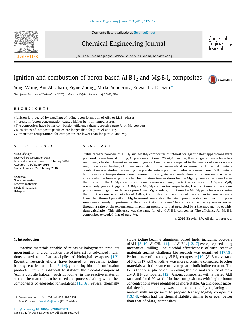 Ignition and combustion of boron-based AlÂ·BÂ·I2 and MgÂ·BÂ·I2 composites