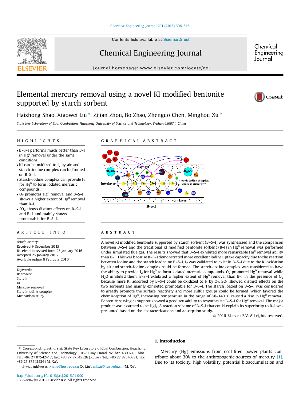 Elemental mercury removal using a novel KI modified bentonite supported by starch sorbent