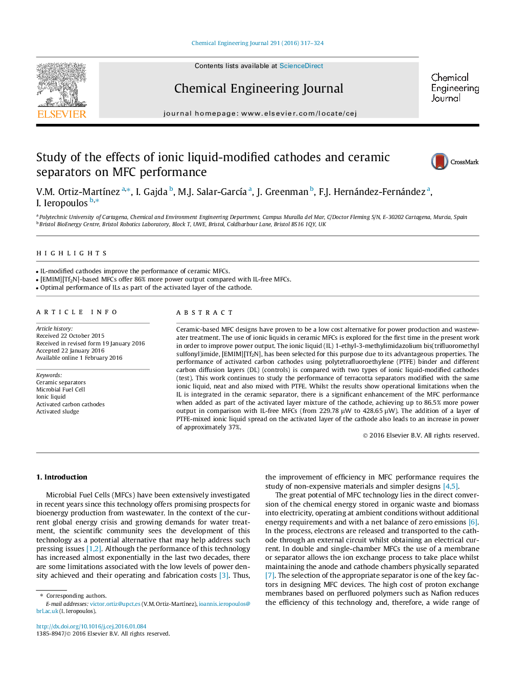 عکس صفحه اول مقاله: Study of the effects of ionic liquid-modified cathodes and ceramic separators on MFC performance Study of the effects of ionic liquid-modified cathodes and ceramic separators on MFC performance