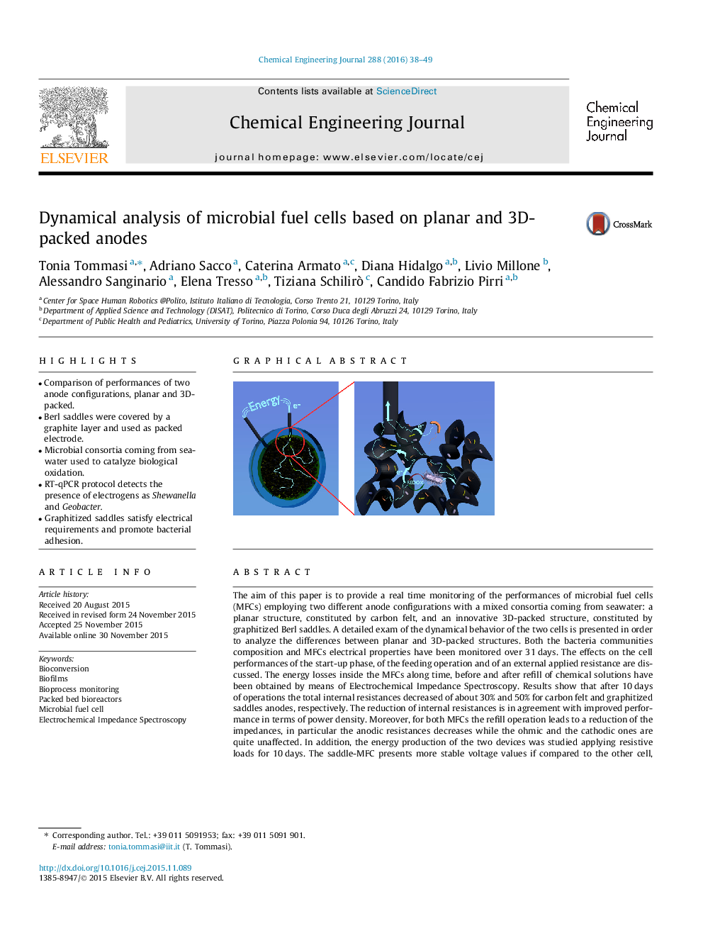 عکس صفحه اول مقاله: Dynamical analysis of microbial fuel cells based on planar and 3D-packed anodes Dynamical analysis of microbial fuel cells based on planar and 3D-packed anodes