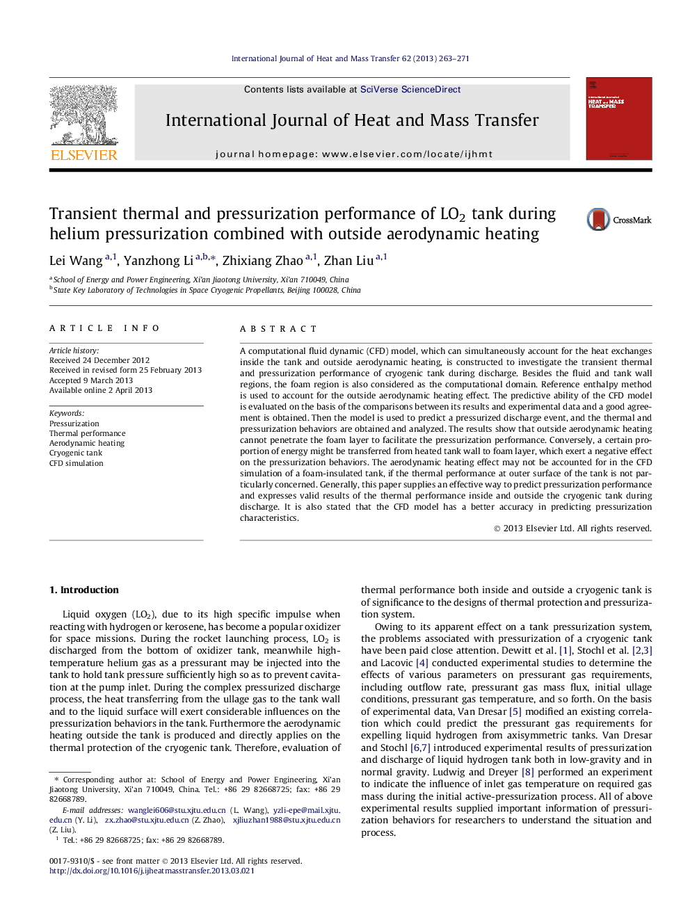 Transient thermal and pressurization performance of LO2 tank during helium pressurization combined with outside aerodynamic heating