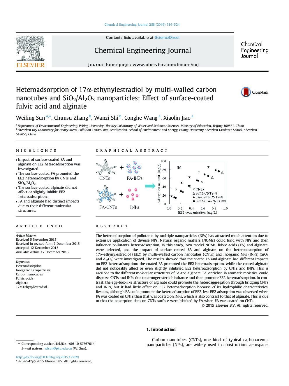 Heteroadsorption of 17Î±-ethynylestradiol by multi-walled carbon nanotubes and SiO2/Al2O3 nanoparticles: Effect of surface-coated fulvic acid and alginate