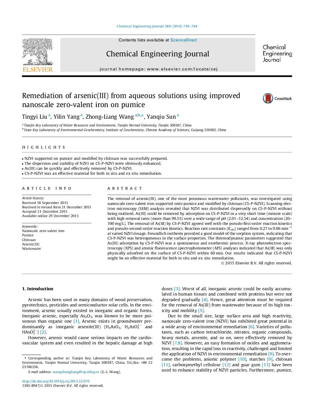 عکس صفحه اول مقاله: Remediation of arsenic(III) from aqueous solutions using improved nanoscale zero-valent iron on pumice Remediation of arsenic(III) from aqueous solutions using improved nanoscale zero-valent iron on pumice