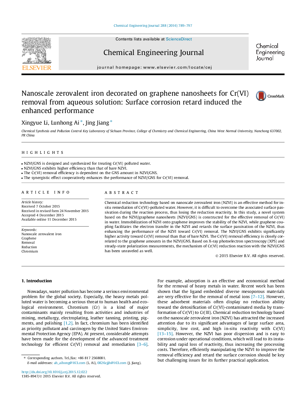 Nanoscale zerovalent iron decorated on graphene nanosheets for Cr(VI) removal from aqueous solution: Surface corrosion retard induced the enhanced performance