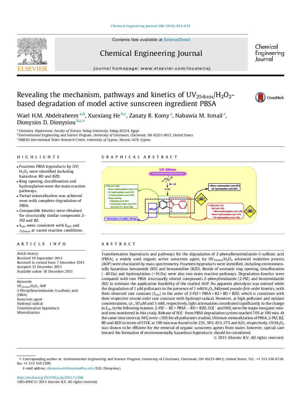 عکس صفحه اول مقاله: Revealing the mechanism, pathways and kinetics of UV254nm/H2O2-based degradation of model active sunscreen ingredient PBSA Revealing the mechanism, pathways and kinetics of UV254nm/H2O2-based degradation of model active sunscreen ingredient PBSA