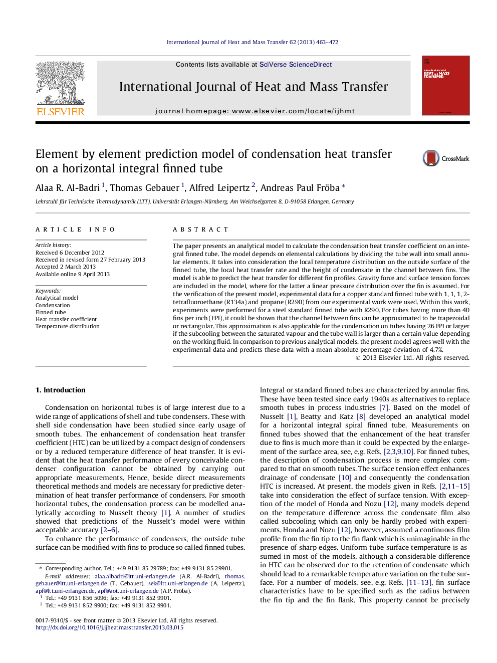 Element by element prediction model of condensation heat transfer on a horizontal integral finned tube