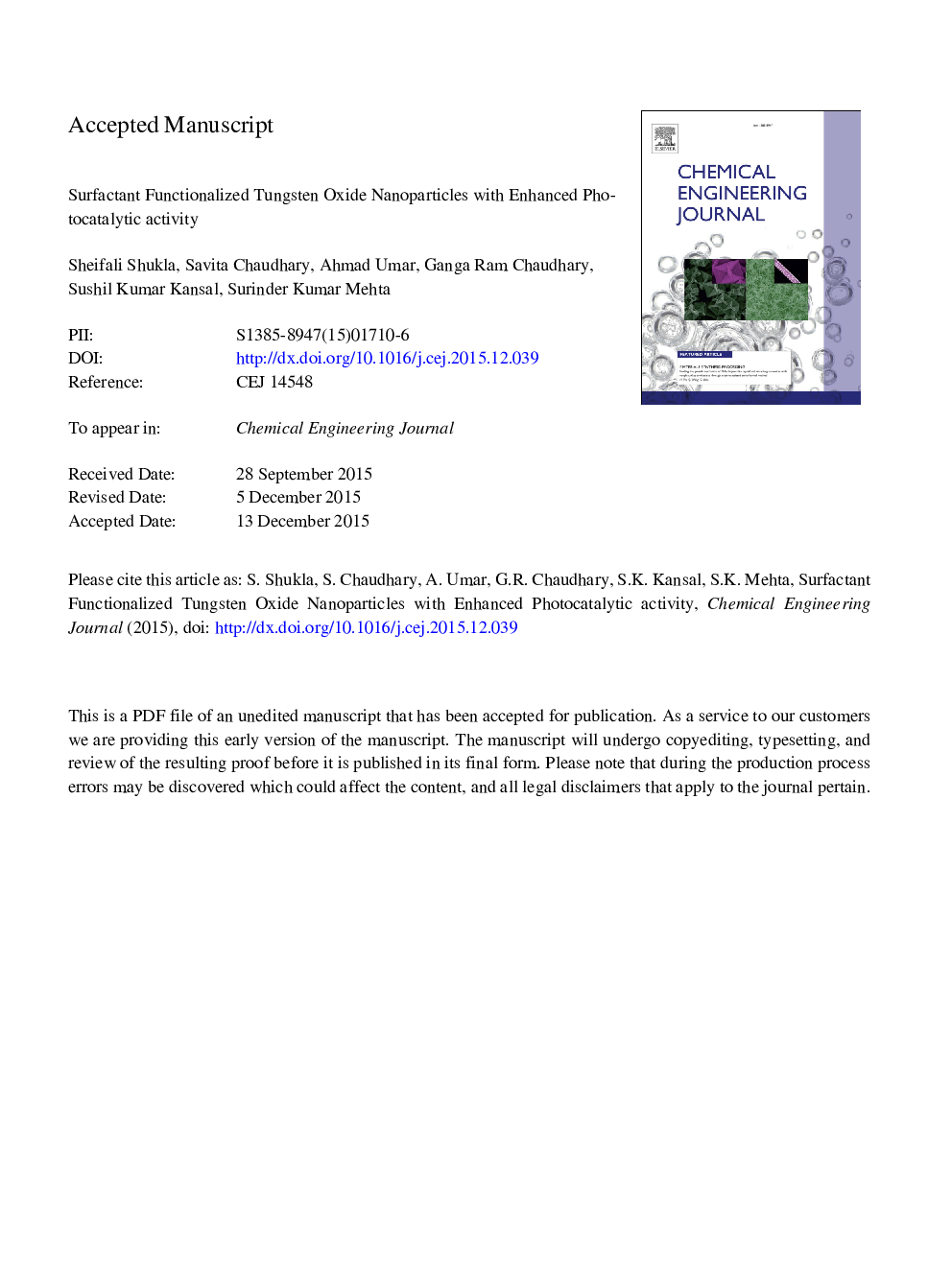 عکس صفحه اول مقاله: Surfactant functionalized tungsten oxide nanoparticles with enhanced photocatalytic activity Surfactant functionalized tungsten oxide nanoparticles with enhanced photocatalytic activity