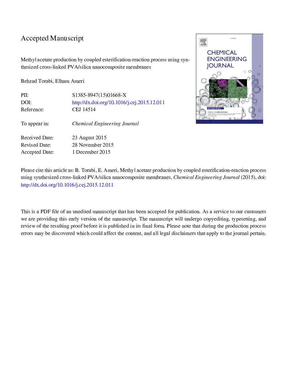 Methyl acetate production by coupled esterification-reaction process using synthesized cross-linked PVA/silica nanocomposite membranes