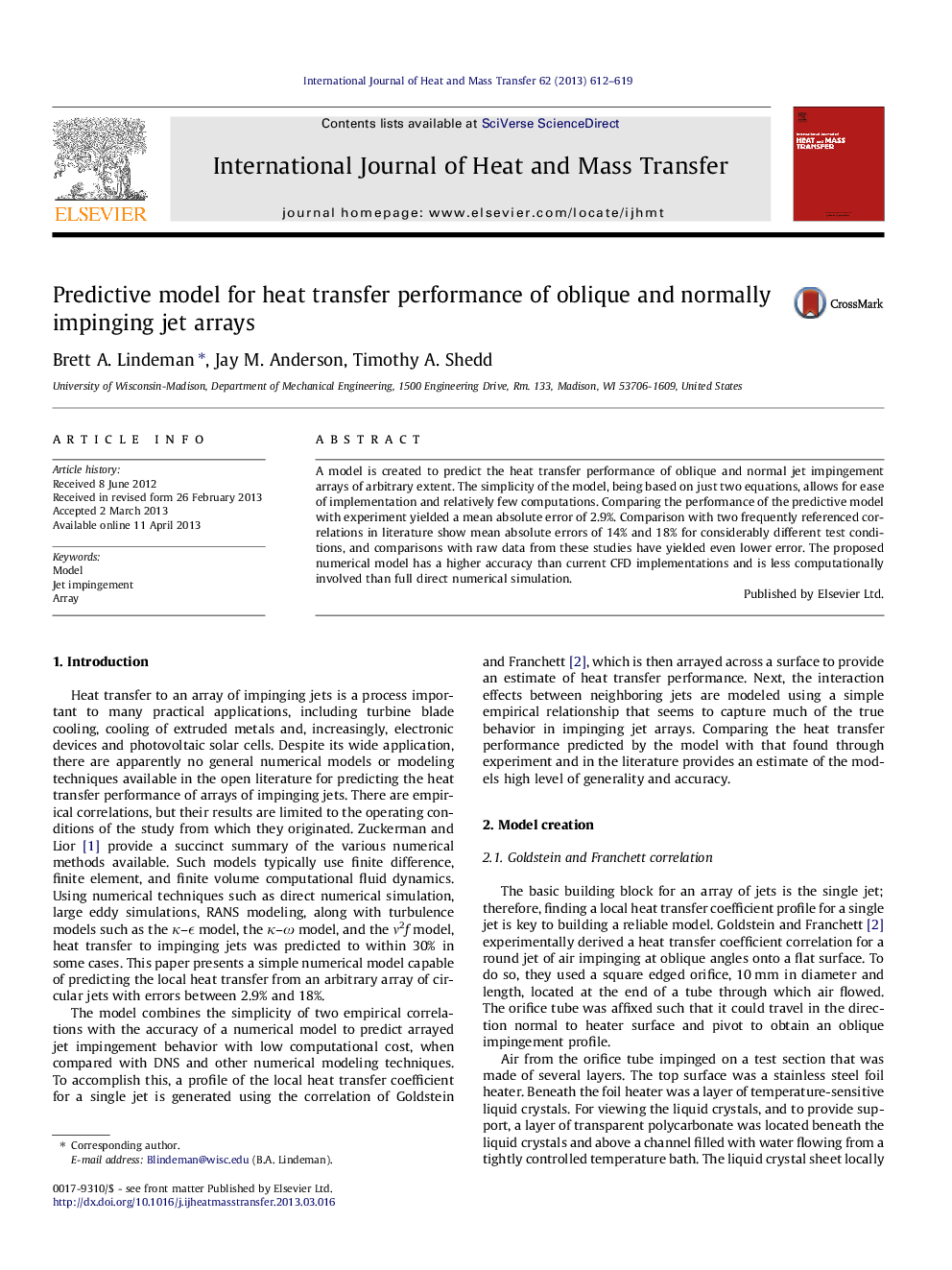 Predictive model for heat transfer performance of oblique and normally impinging jet arrays