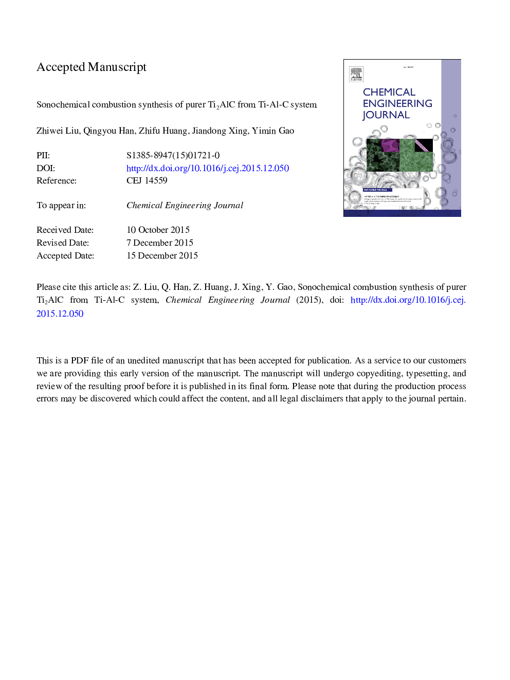 Sonochemical combustion synthesis of purer Ti2AlC from Ti-Al-C system