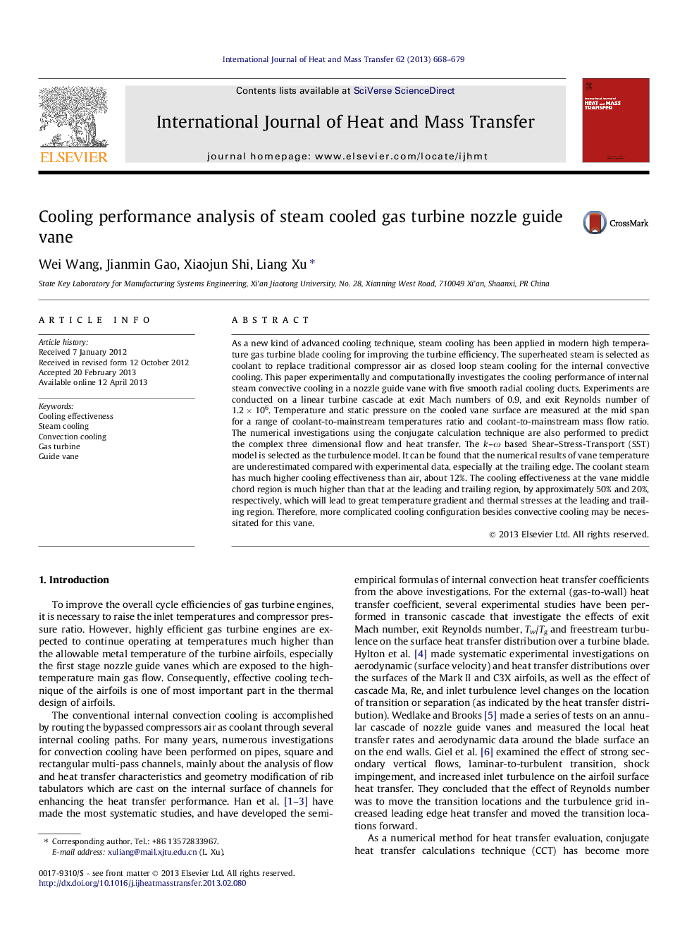 عکس صفحه اول مقاله: Cooling performance analysis of steam cooled gas turbine nozzle guide vane Cooling performance analysis of steam cooled gas turbine nozzle guide vane
