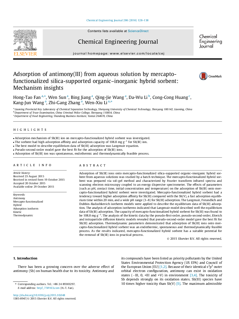 Adsorption of antimony(III) from aqueous solution by mercapto-functionalized silica-supported organic-inorganic hybrid sorbent: Mechanism insights