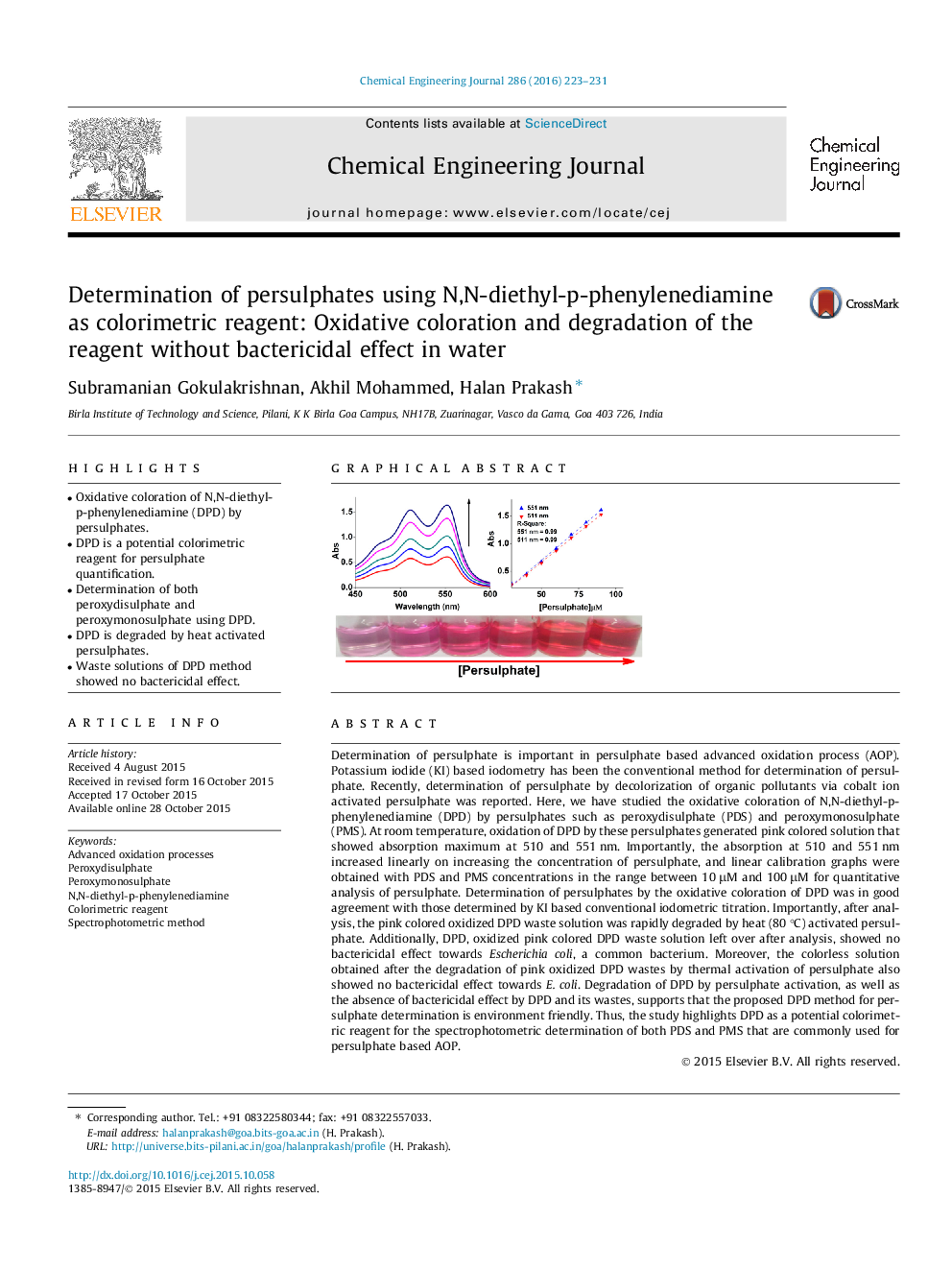 Determination of persulphates using N,N-diethyl-p-phenylenediamine as colorimetric reagent: Oxidative coloration and degradation of the reagent without bactericidal effect in water