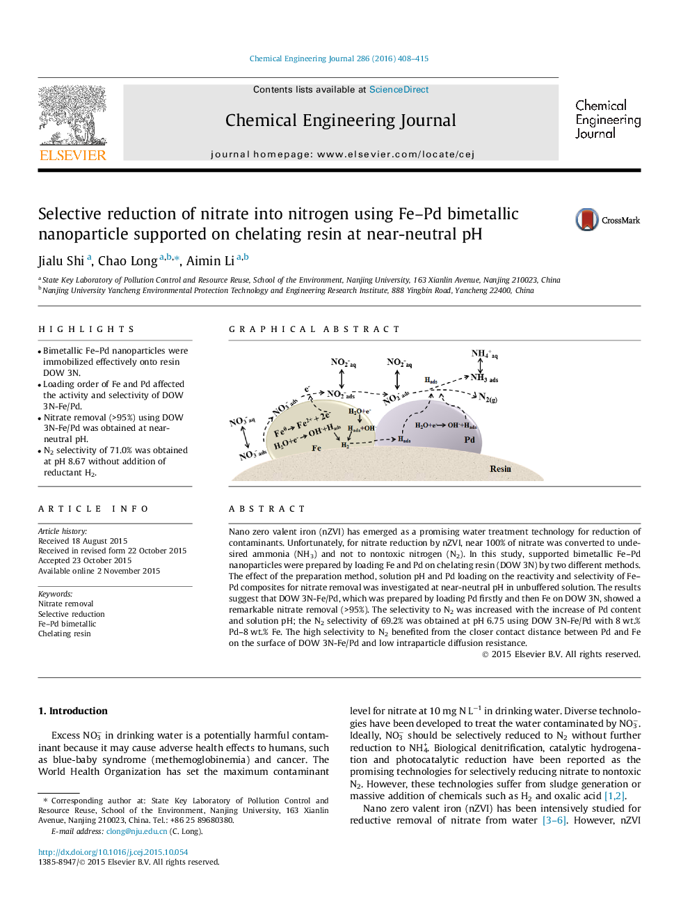 Selective reduction of nitrate into nitrogen using Fe-Pd bimetallic nanoparticle supported on chelating resin at near-neutral pH