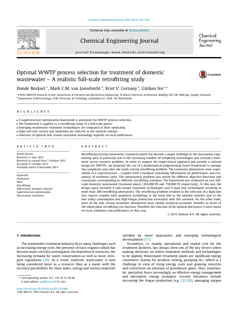 Optimal WWTP process selection for treatment of domestic wastewater - A realistic full-scale retrofitting study