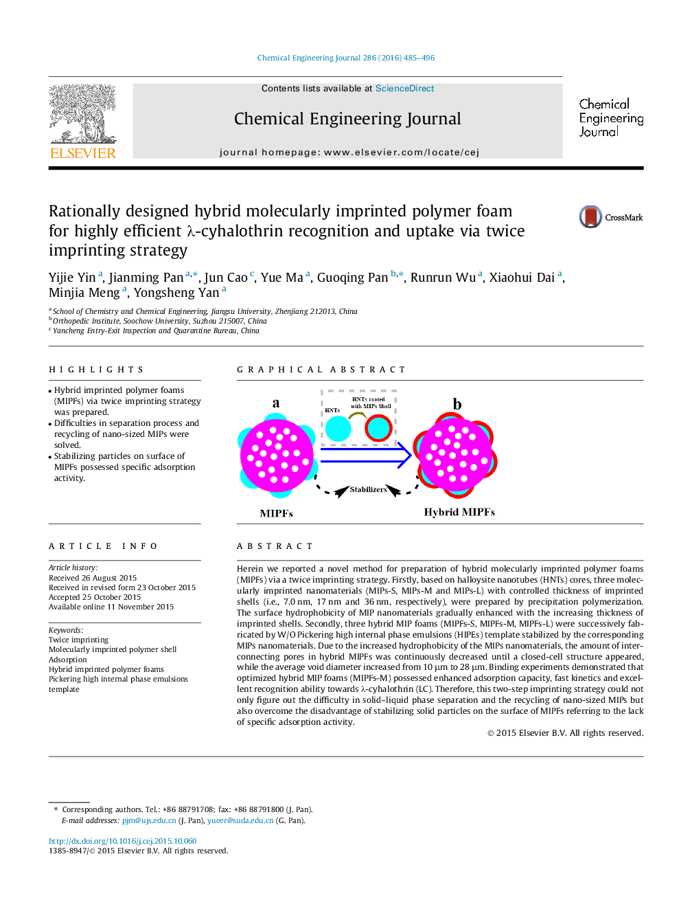 Rationally designed hybrid molecularly imprinted polymer foam for highly efficient Î»-cyhalothrin recognition and uptake via twice imprinting strategy
