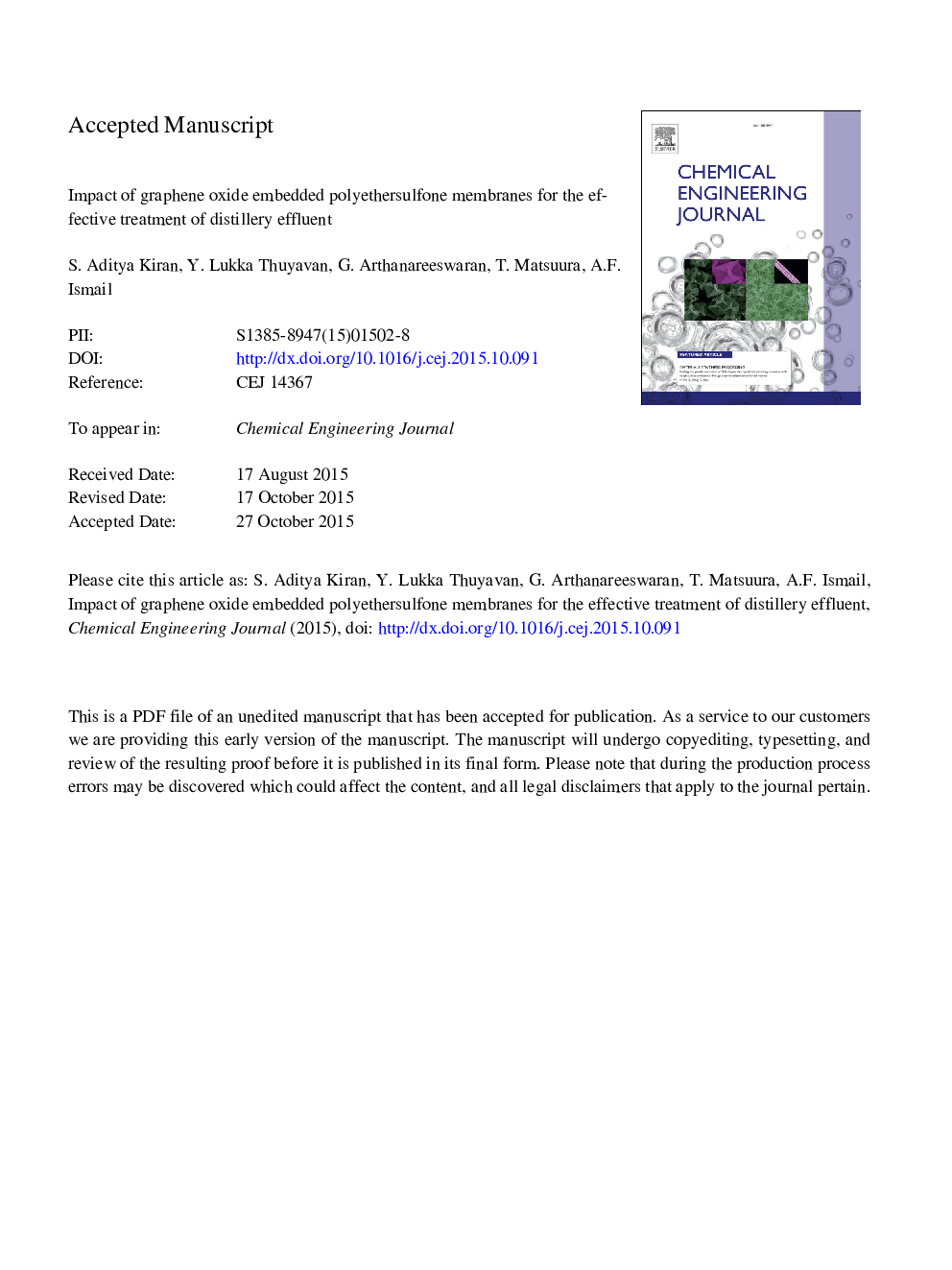 Impact of graphene oxide embedded polyethersulfone membranes for the effective treatment of distillery effluent