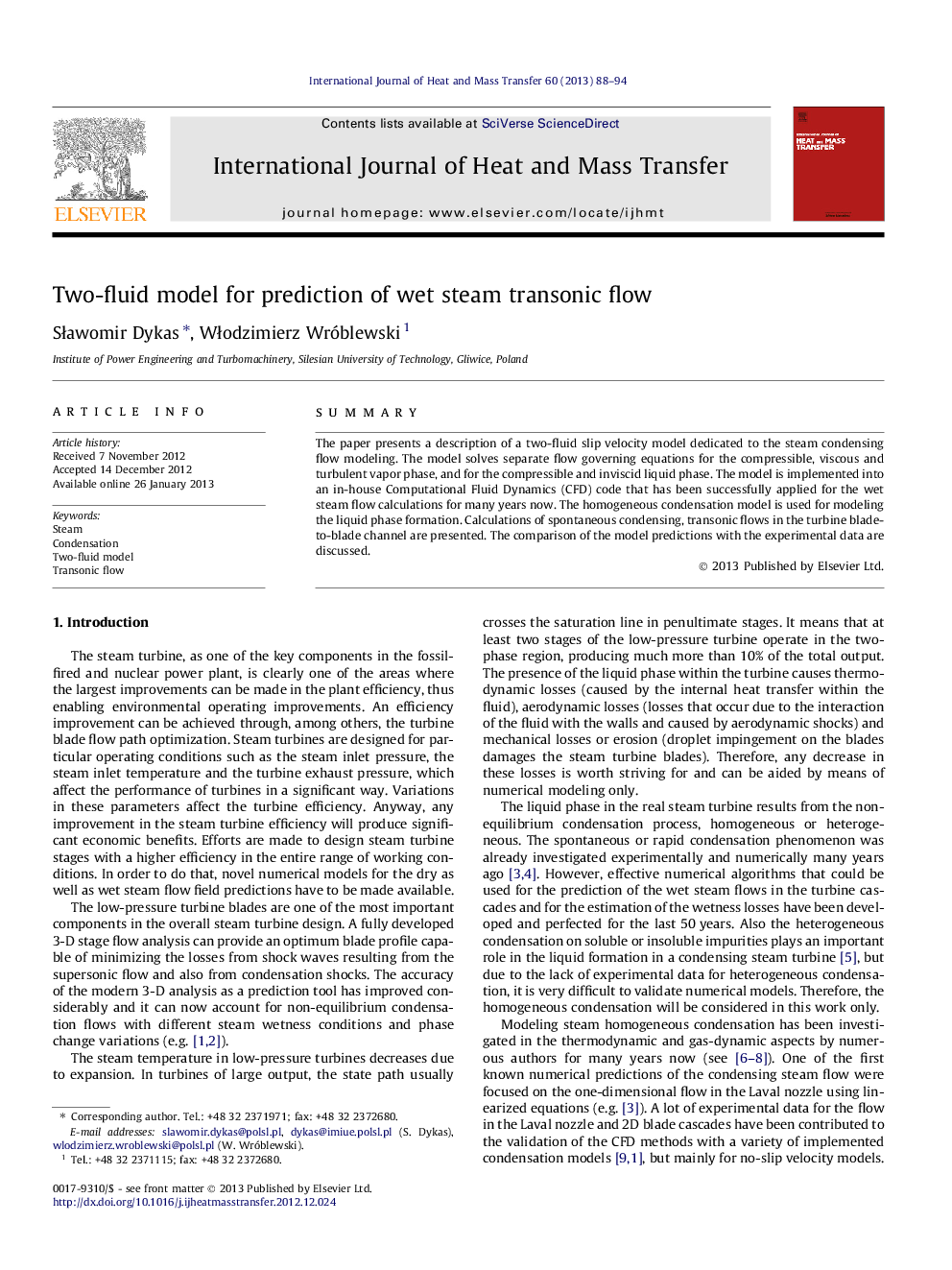 Two-fluid model for prediction of wet steam transonic flow