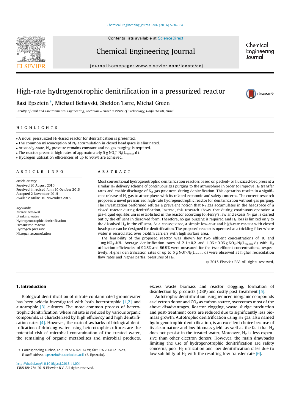 High-rate hydrogenotrophic denitrification in a pressurized reactor