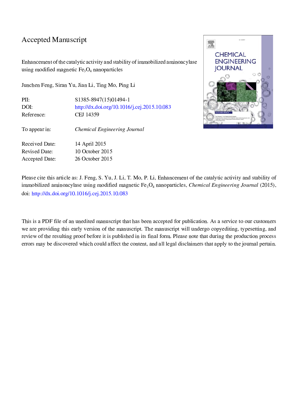 عکس صفحه اول مقاله: Enhancement of the catalytic activity and stability of immobilized aminoacylase using modified magnetic Fe3O4 nanoparticles Enhancement of the catalytic activity and stability of immobilized aminoacylase using modified magnetic Fe3O4 nanoparticles